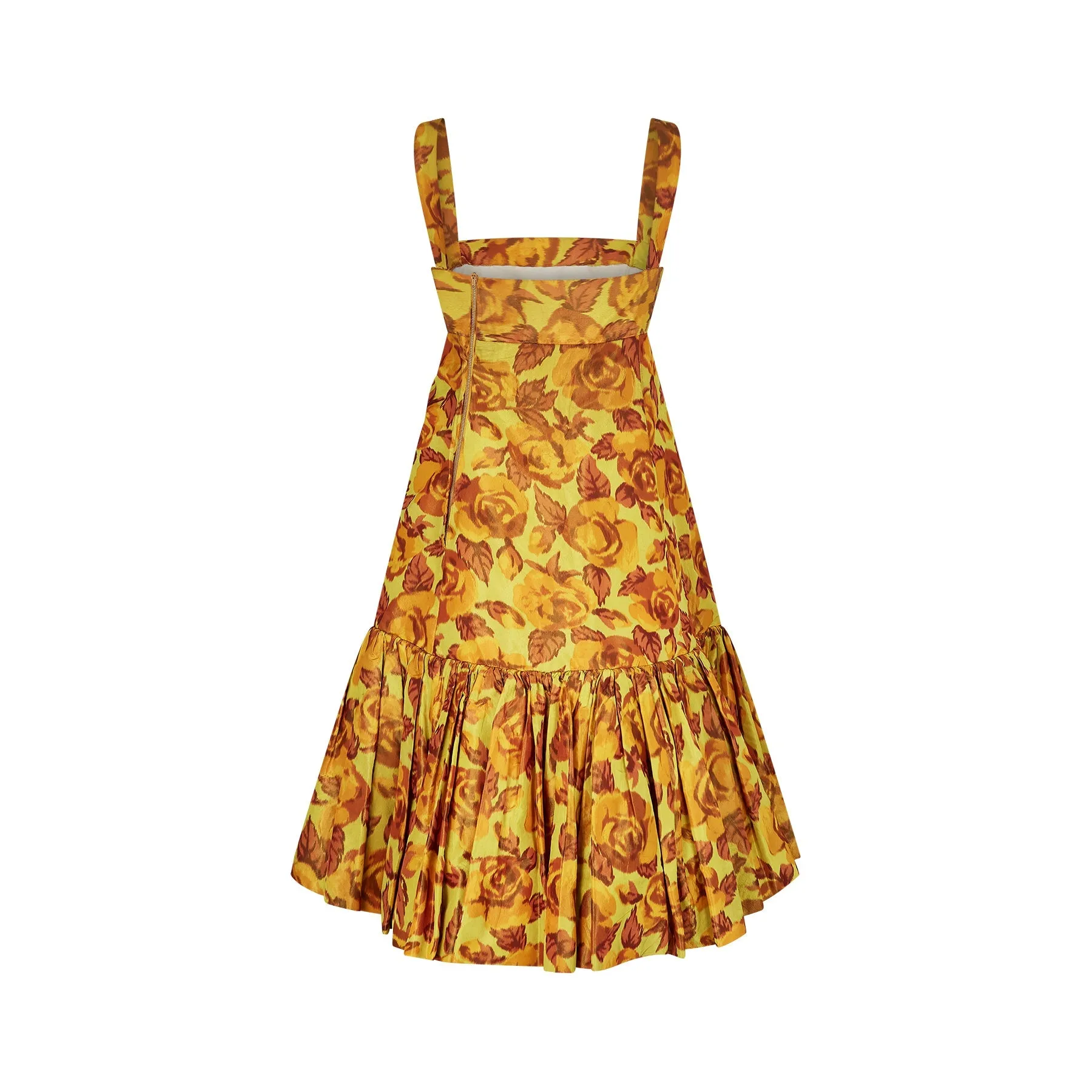 1950s Traina-Norrell Yellow Taffeta Silk Rose Print Dress