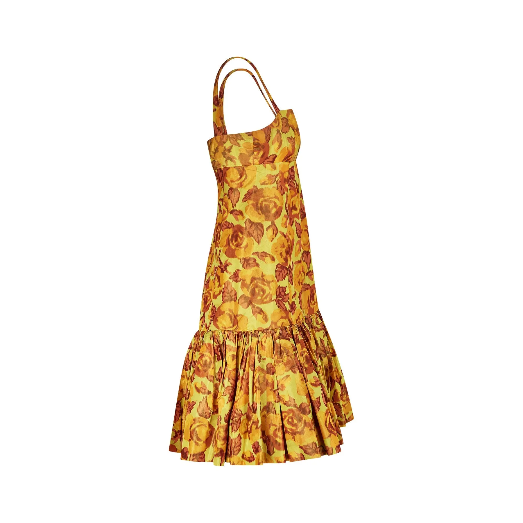 1950s Traina-Norrell Yellow Taffeta Silk Rose Print Dress