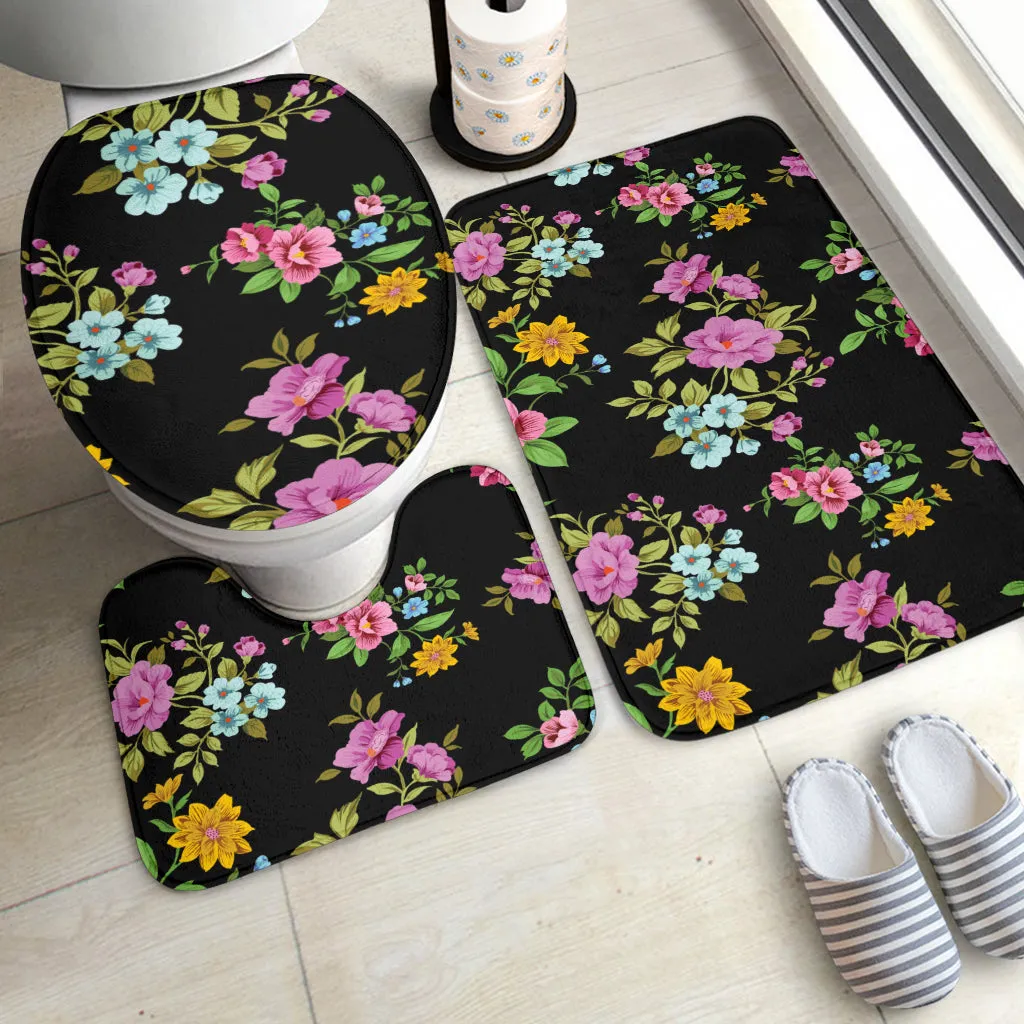 3 Piece Bathroom Set - Flowers on Black