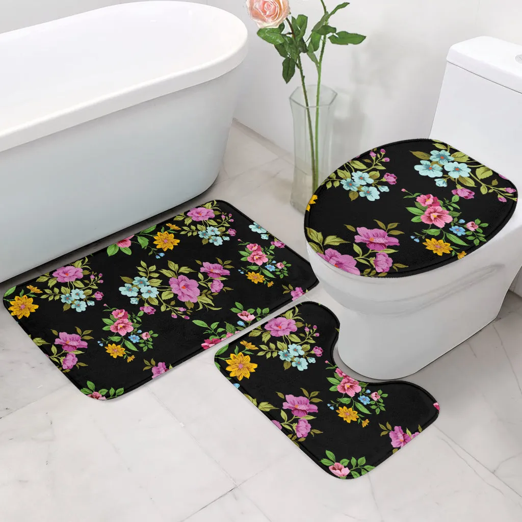 3 Piece Bathroom Set - Flowers on Black