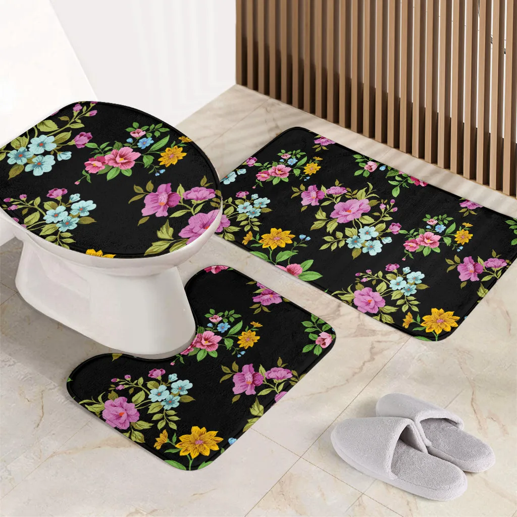 3 Piece Bathroom Set - Flowers on Black