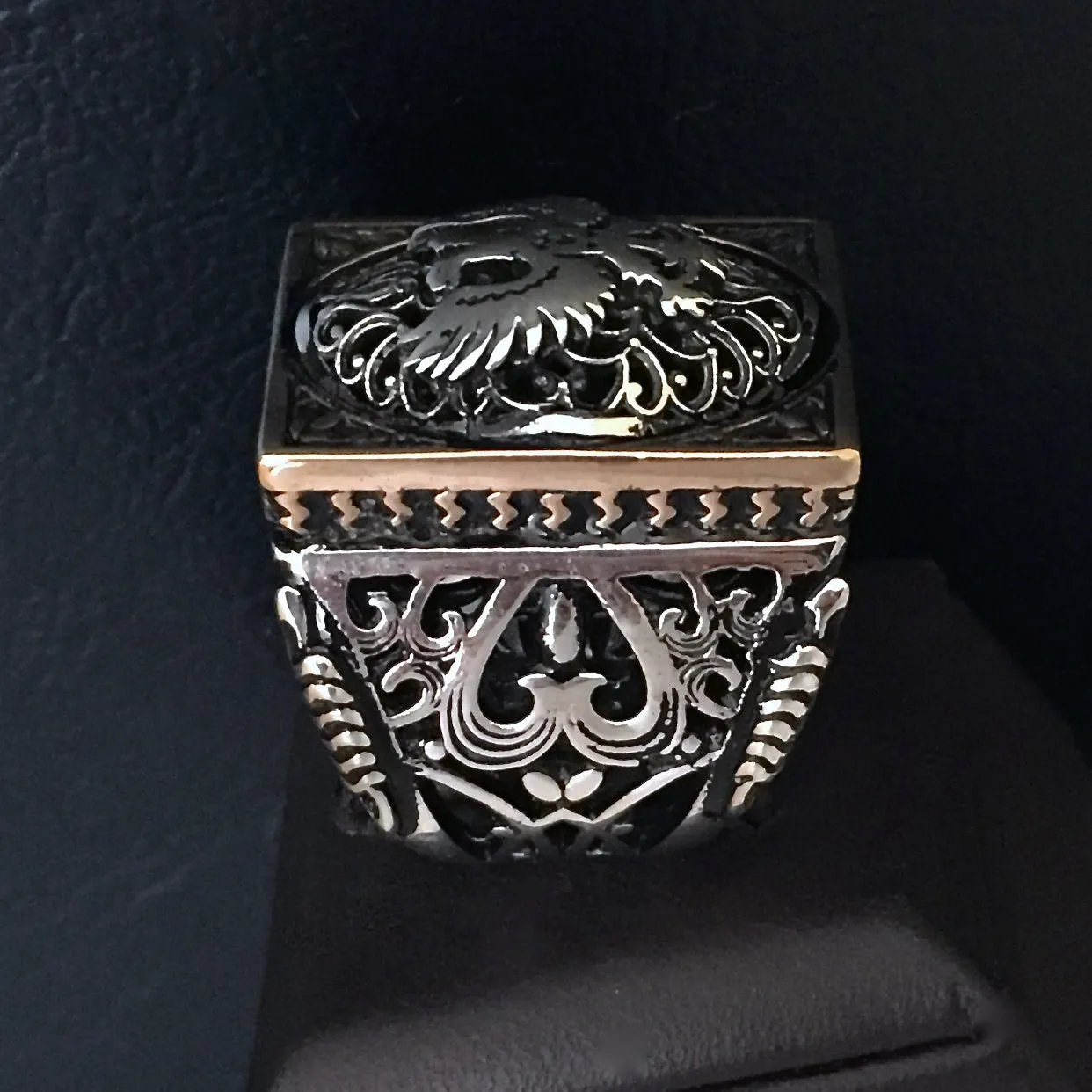 925 Sterling Silver Men's Turkish Ottoman Signet Ring Double Headed Eagle