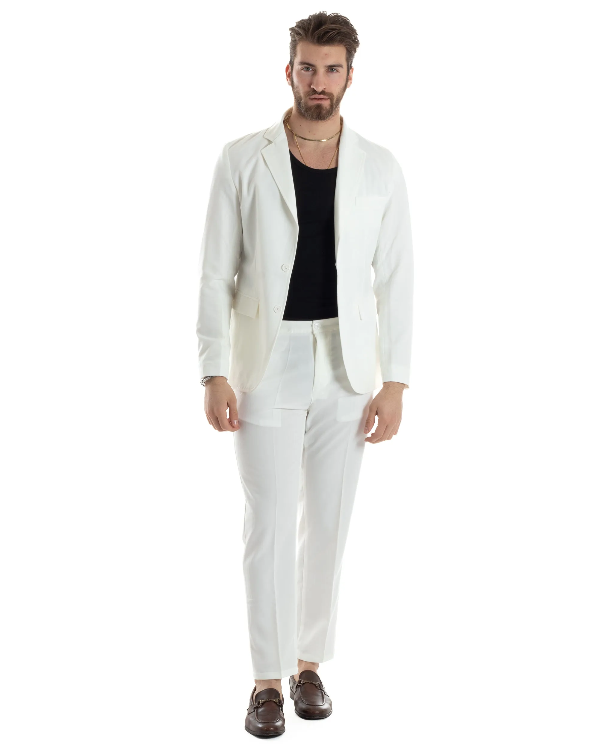 Abito Uomo Monopetto Vestito Completo Giacca Pantaloni Bianco Tinta Unita Elegante Casual GIOSAL-AE1035A