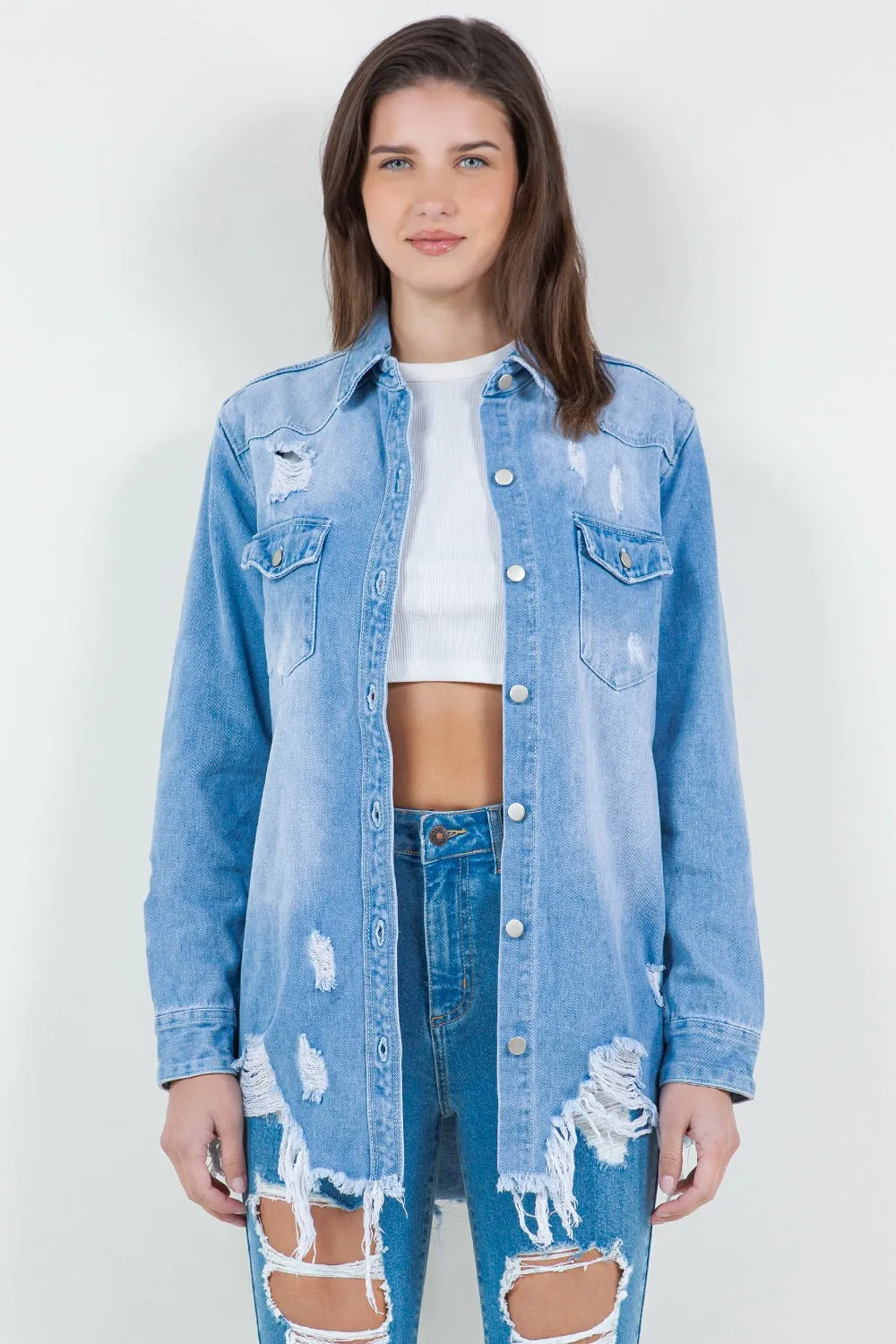 American Bazi Raw Hem Distressed Long Sleeve Denim Jacket