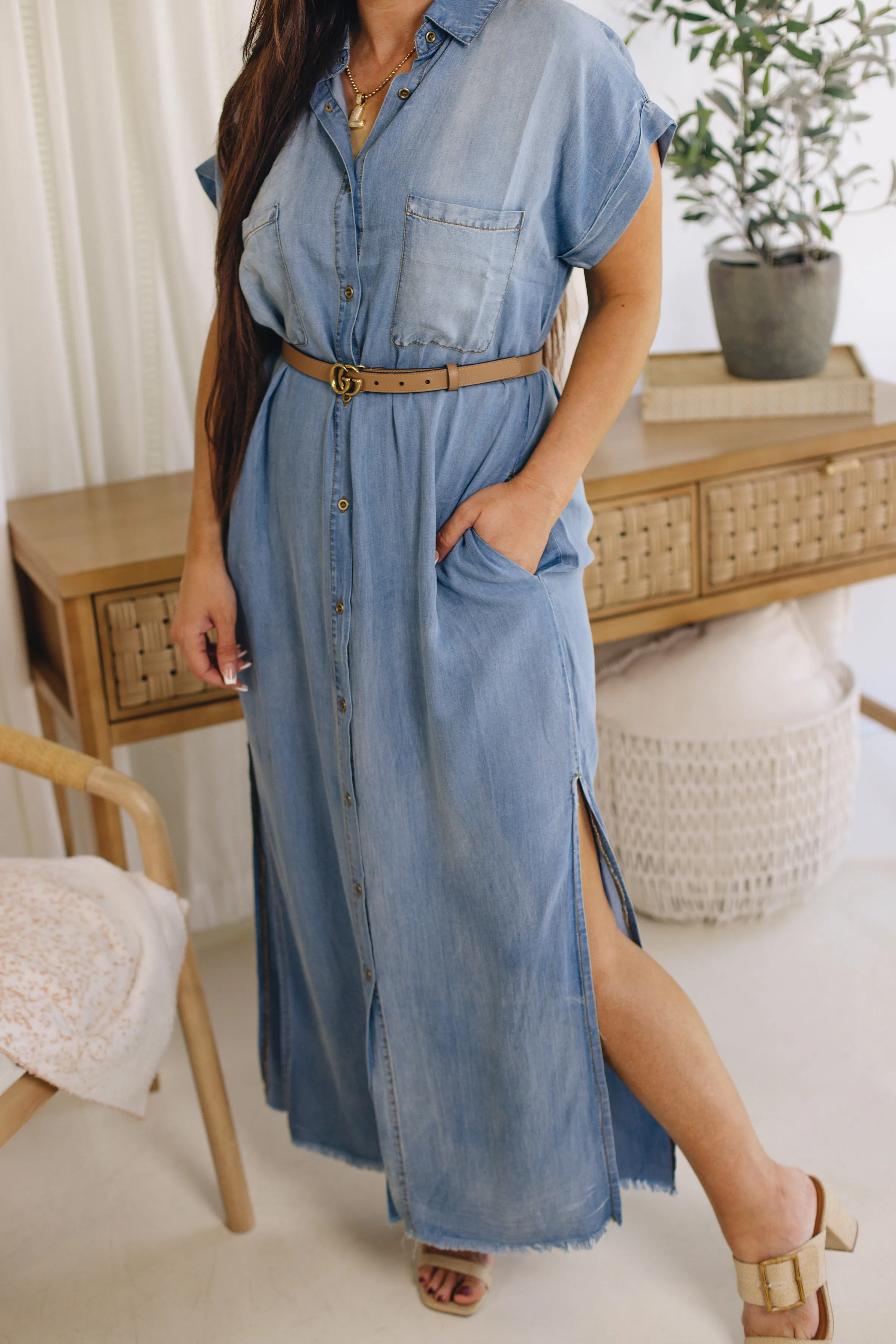 Belle Short Sleeve Maxi Denim Dress (S-3XL)