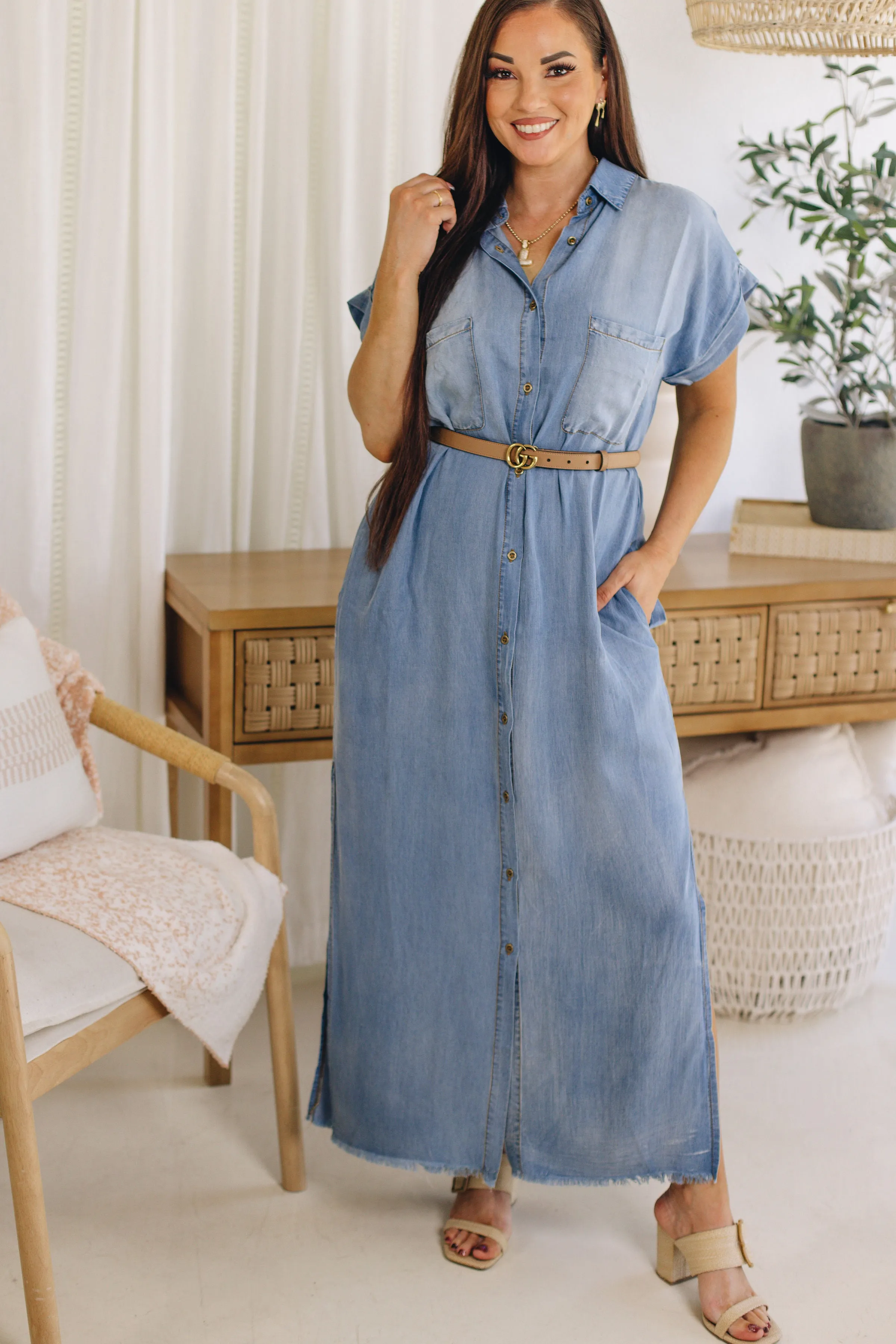 Belle Short Sleeve Maxi Denim Dress (S-3XL)