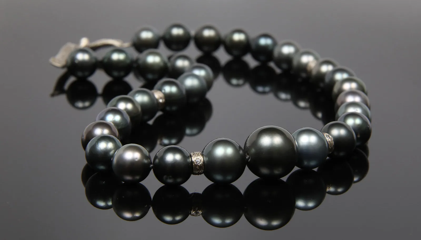 Black Tahitian Pearls, Diamonds, and White Gold Necklace