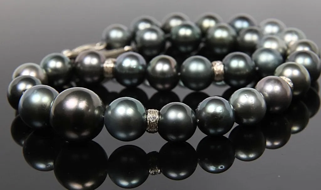 Black Tahitian Pearls, Diamonds, and White Gold Necklace