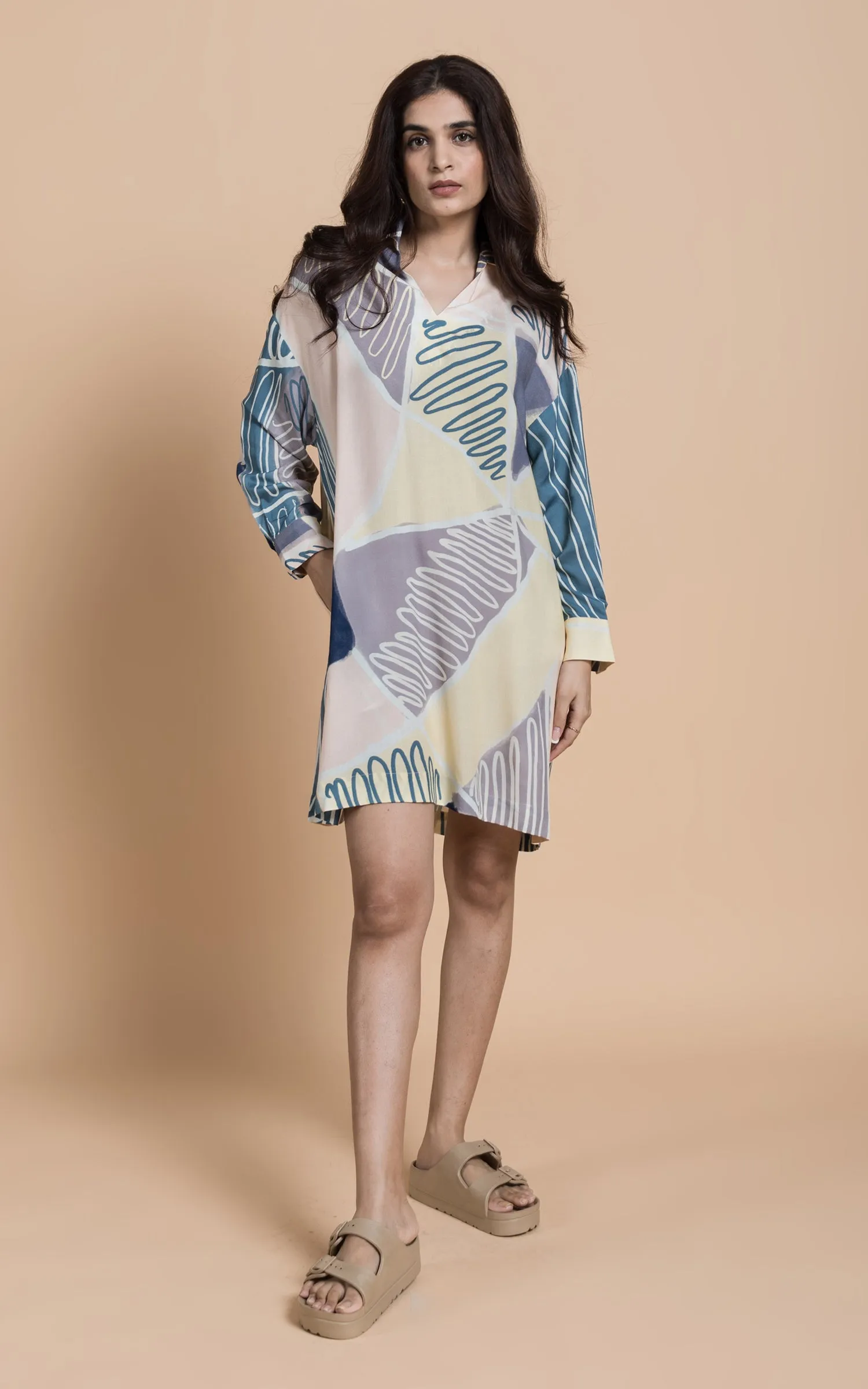 Blue & Yellow Abstract Printed Shift Dress