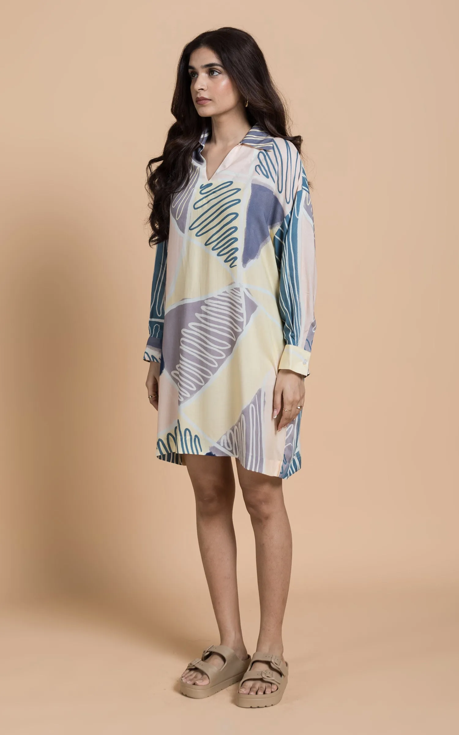 Blue & Yellow Abstract Printed Shift Dress