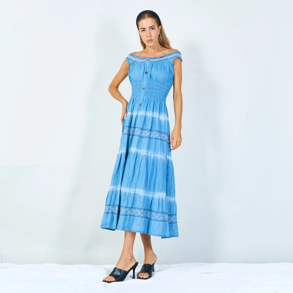 Boho smocked denim maxi dress wholesale