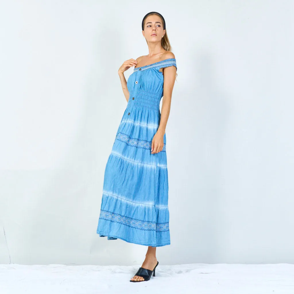 Boho smocked denim maxi dress wholesale