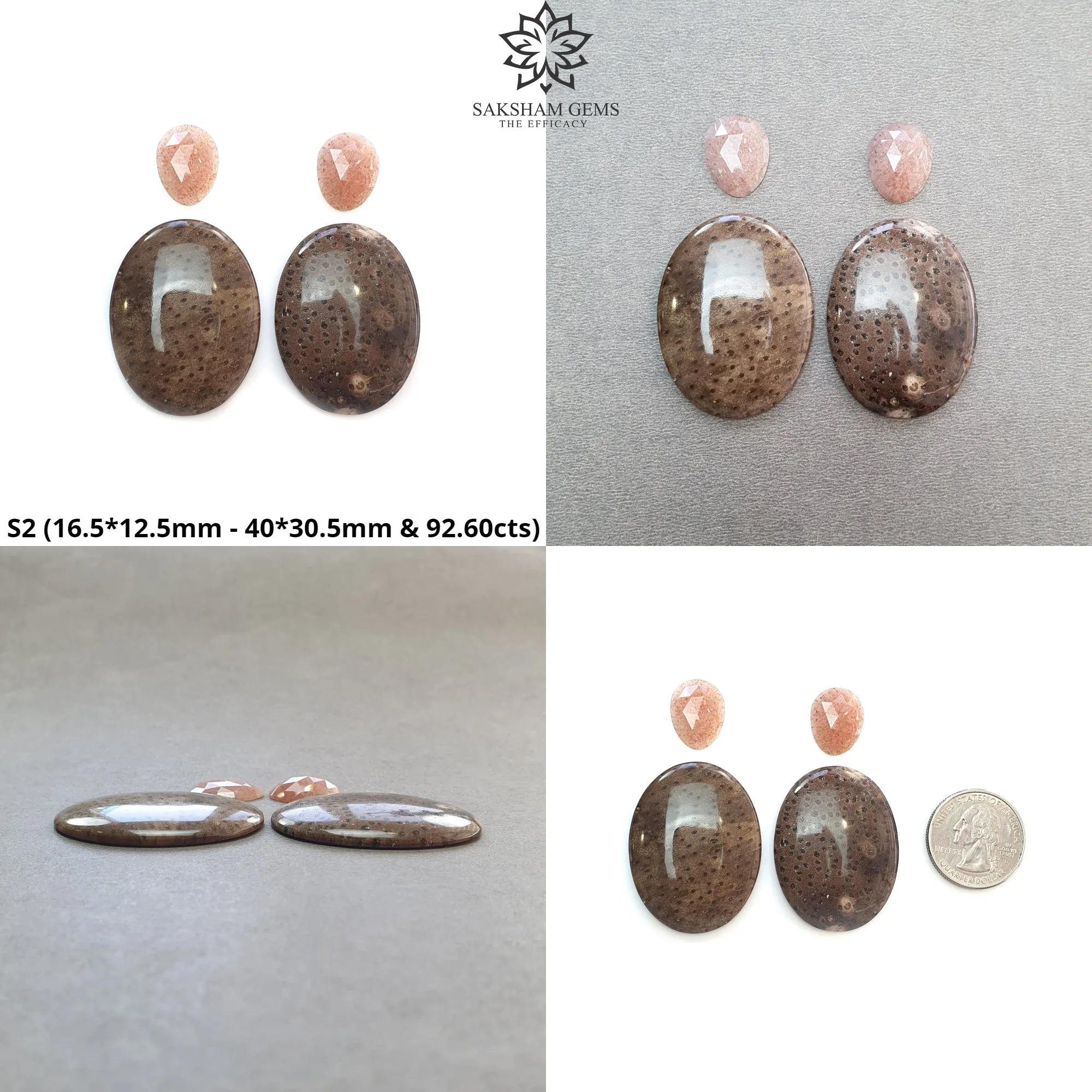 Botswana Agate Sunstone & Peach Moonstone Gemstone Rose Cut Cabochon : Natural Untreated Bi-Color Agate Egg Oval Shape 4pcs Set