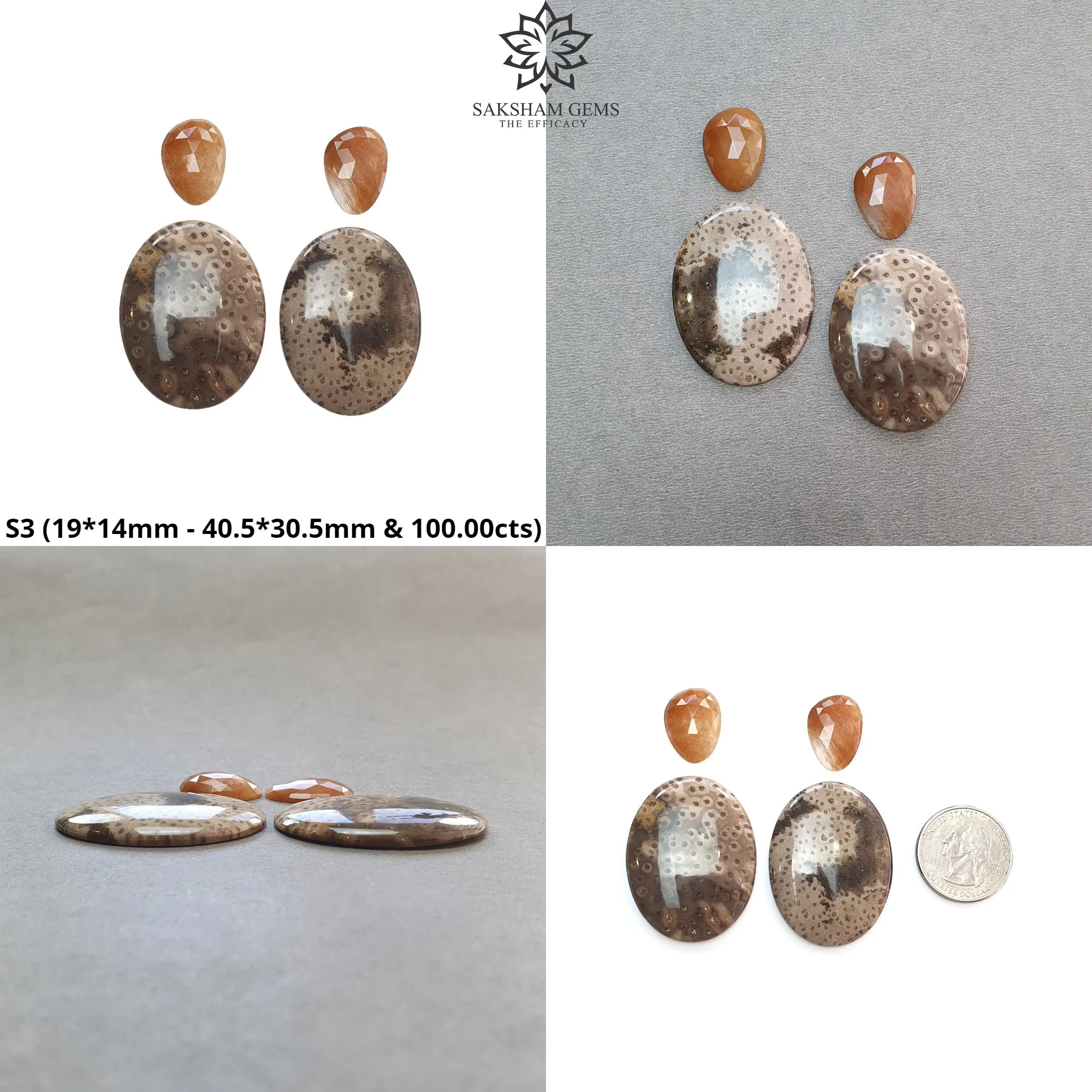 Botswana Agate Sunstone & Peach Moonstone Gemstone Rose Cut Cabochon : Natural Untreated Bi-Color Agate Egg Oval Shape 4pcs Set