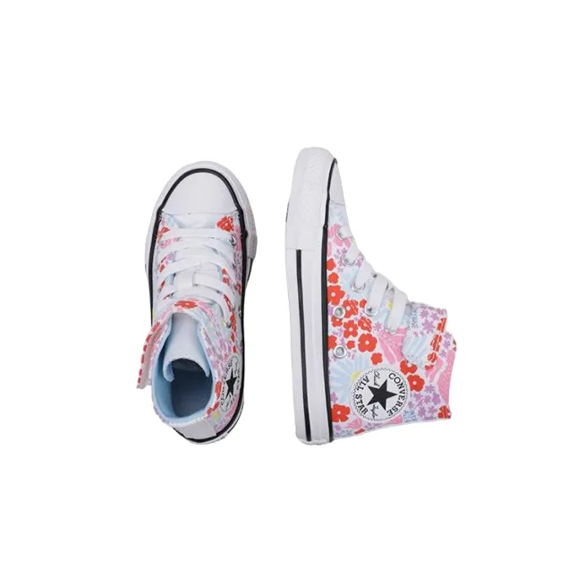 Converse girl's sneakers shoe with elastic lace and velcro with flower pattern A06339C white-light blue-pink