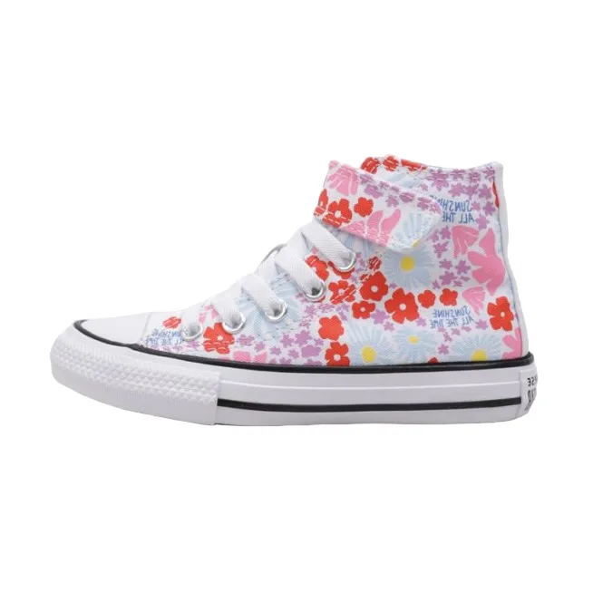 Converse girl's sneakers shoe with elastic lace and velcro with flower pattern A06339C white-light blue-pink