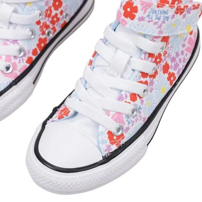 Converse girl's sneakers shoe with elastic lace and velcro with flower pattern A06339C white-light blue-pink