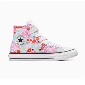 Converse girl's sneakers shoe with elastic lace and velcro with flower pattern A06339C white-light blue-pink