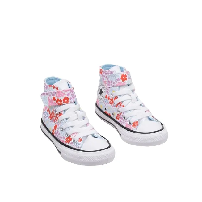 Converse girl's sneakers shoe with elastic lace and velcro with flower pattern A06339C white-light blue-pink