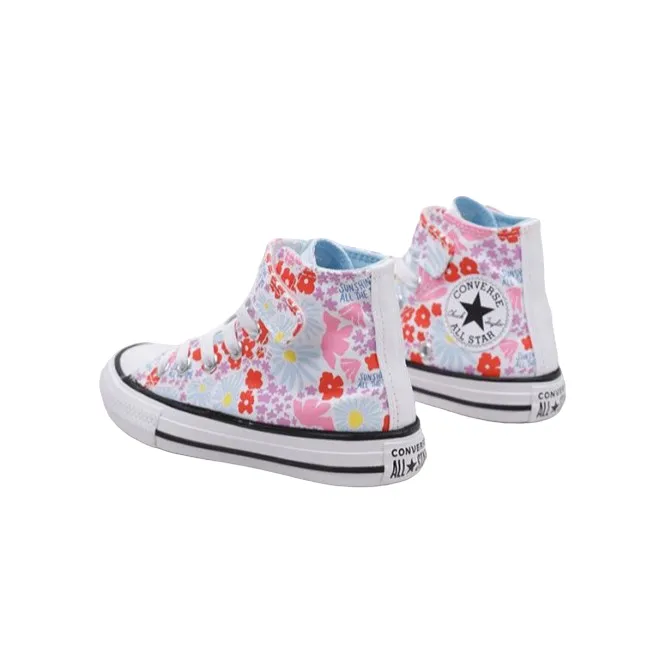 Converse girl's sneakers shoe with elastic lace and velcro with flower pattern A06339C white-light blue-pink