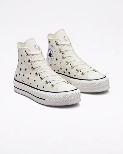 Converse high sneakers in canvas with wedge Chuck Taylor All Star Lift Platform Embroidered Stars A03724C egret-black 