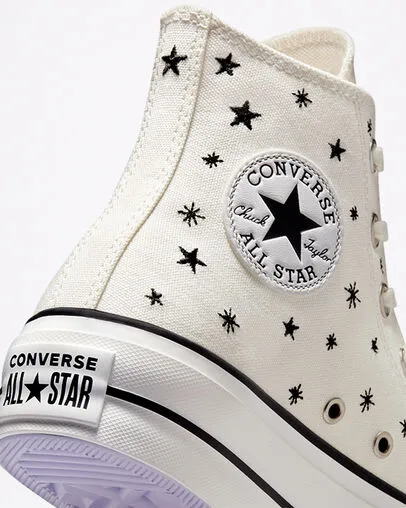 Converse high sneakers in canvas with wedge Chuck Taylor All Star Lift Platform Embroidered Stars A03724C egret-black 