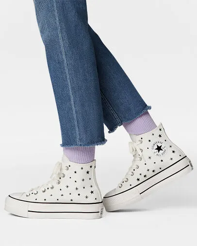 Converse high sneakers in canvas with wedge Chuck Taylor All Star Lift Platform Embroidered Stars A03724C egret-black 