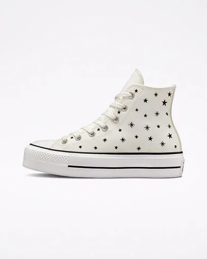 Converse high sneakers in canvas with wedge Chuck Taylor All Star Lift Platform Embroidered Stars A03724C egret-black 