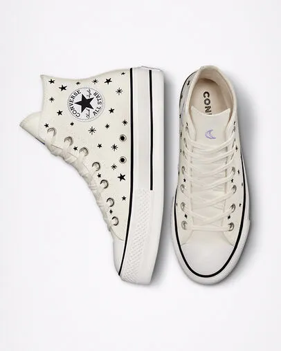 Converse high sneakers in canvas with wedge Chuck Taylor All Star Lift Platform Embroidered Stars A03724C egret-black 