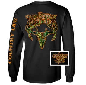 Country Life Outfitters Black & Orange Camo Realtree Deer Skull Head Hunt Vintage Unisex Long Sleeve Bright T Shirt