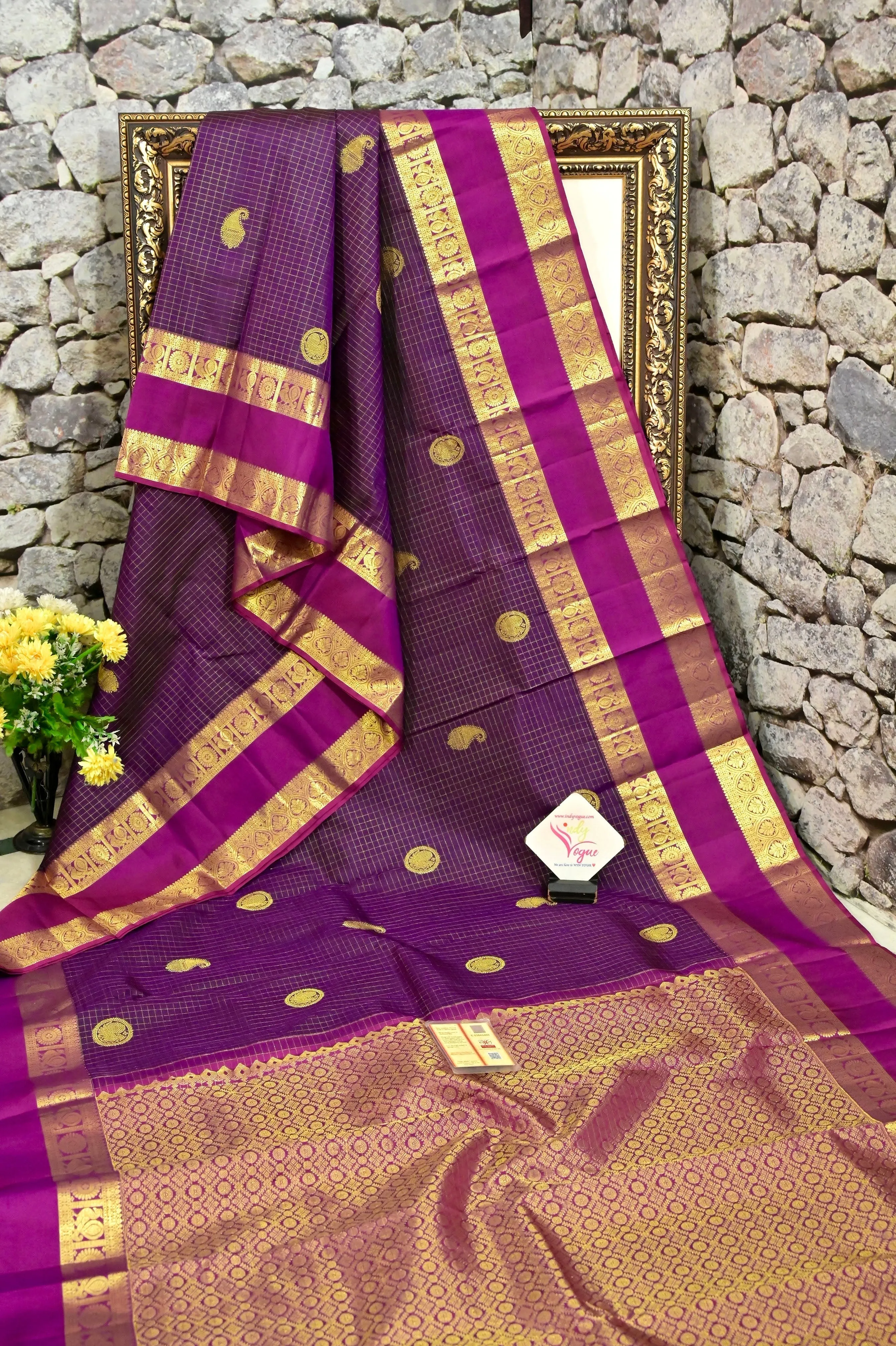 Deep Purple Wine Color Kanjeevaram Silk Saree with Allover Zari Checks and Gap Zari Border