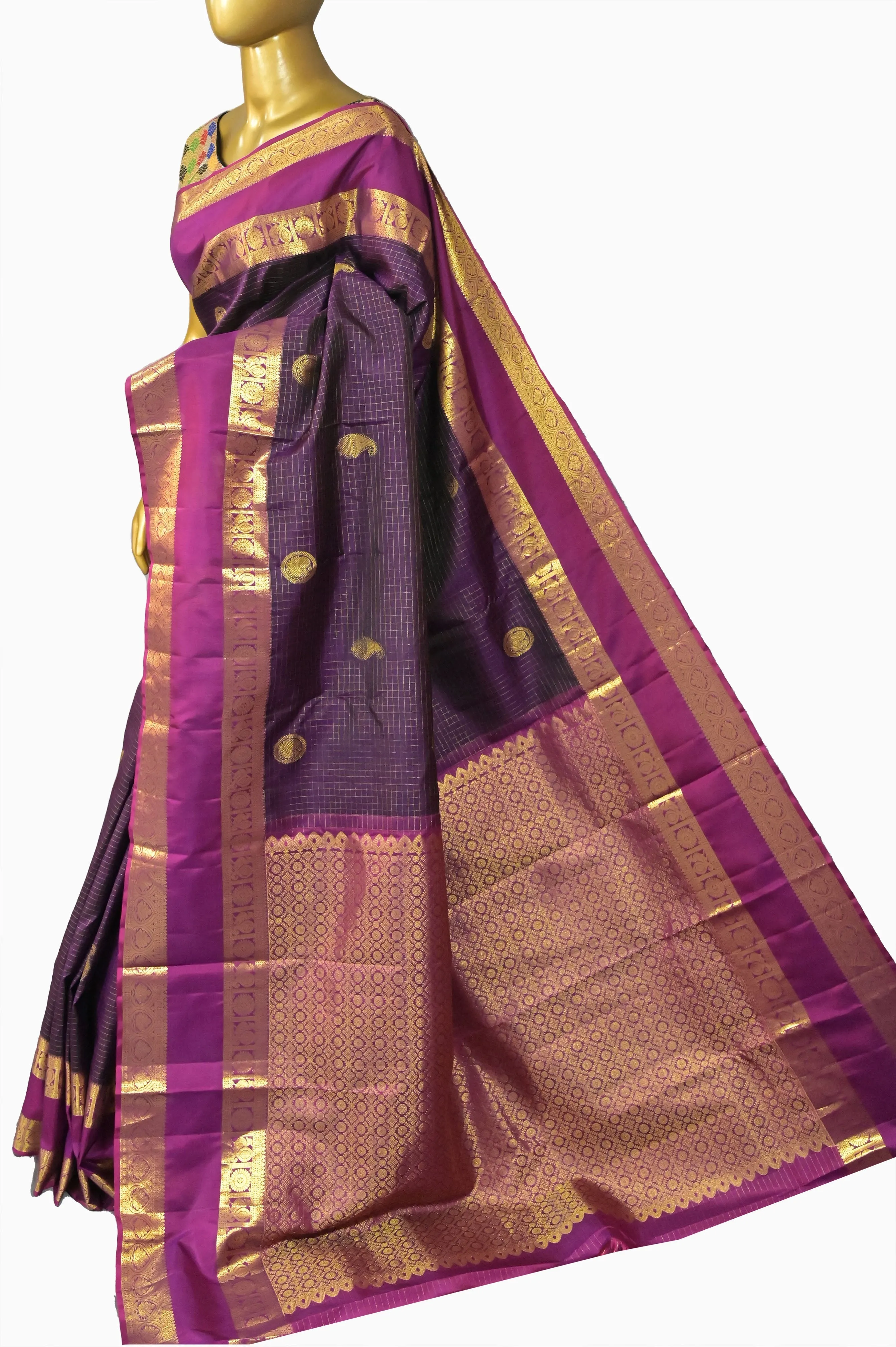 Deep Purple Wine Color Kanjeevaram Silk Saree with Allover Zari Checks and Gap Zari Border