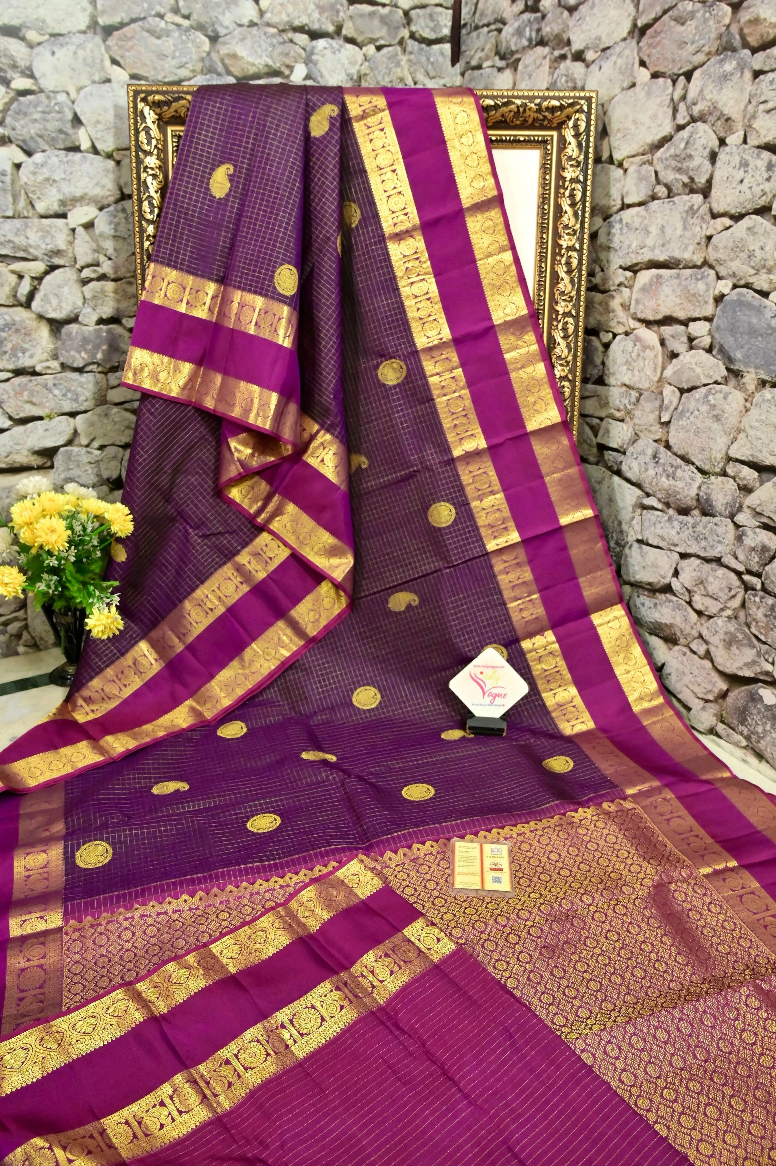 Deep Purple Wine Color Kanjeevaram Silk Saree with Allover Zari Checks and Gap Zari Border