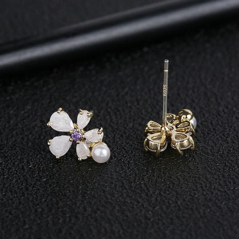 Delicate Golden CZ Crystal & Pearl Flower Stud Earrings