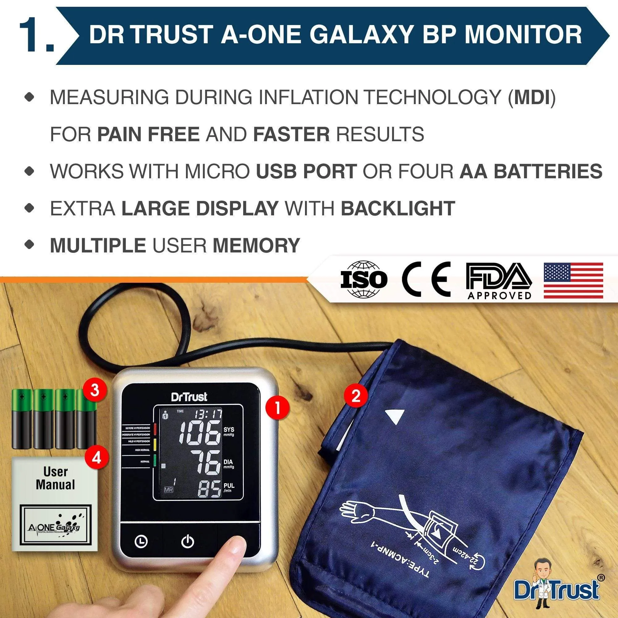 Dr Trust USA A-One Galaxy Blood Pressure Monitor 106   Glucometer Sugar Check Machine 9001 with 10 Strips