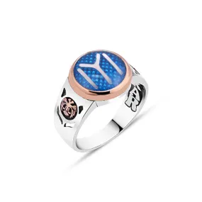 Ertugrul Theme Kayi Tribe Logo Blue Enameled Small Circle Silver Men's Ring Siding Seljuk Eagle