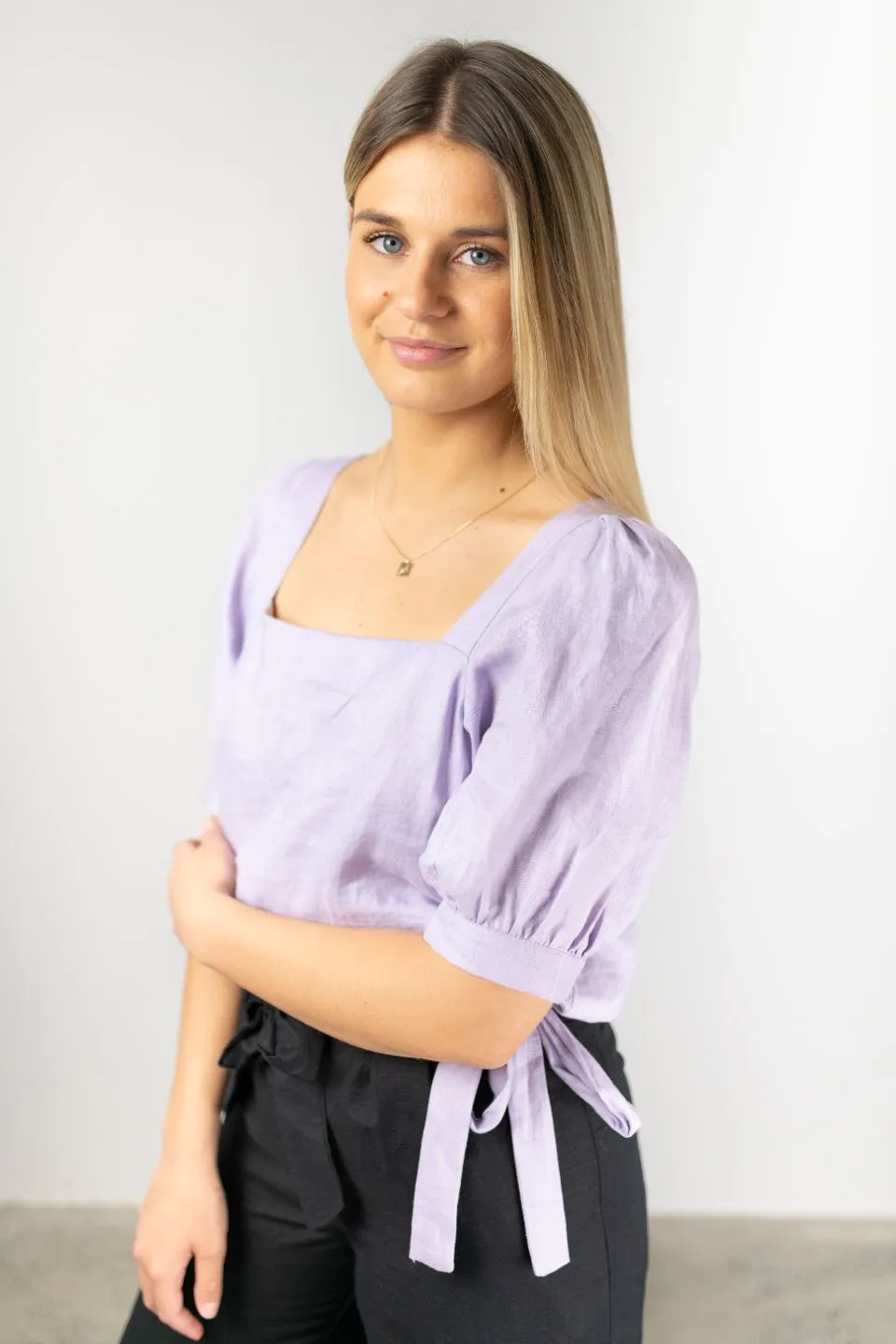 Eternal Square Neck Lilac Puff Sleeve Linen Crop Top