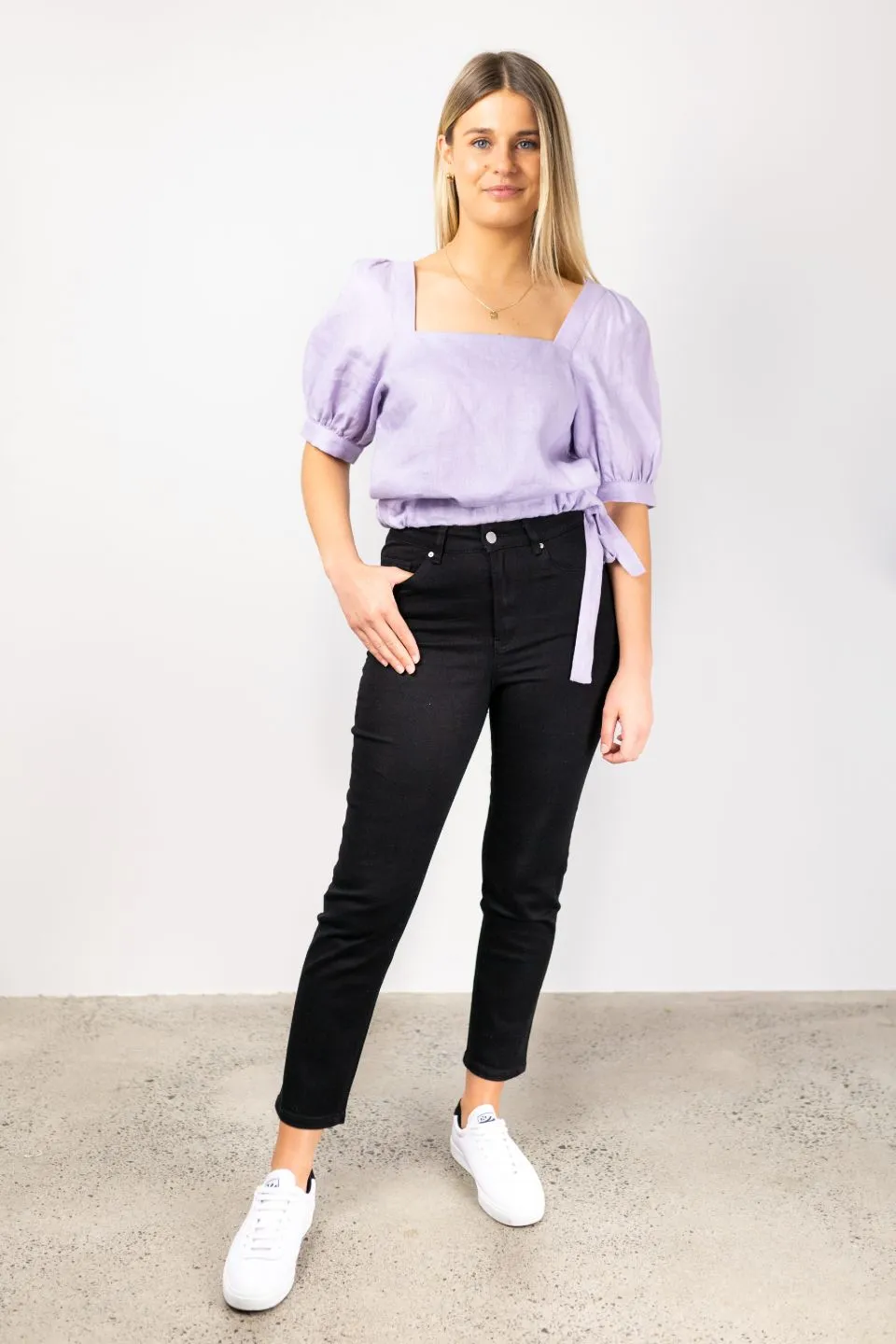 Eternal Square Neck Lilac Puff Sleeve Linen Crop Top