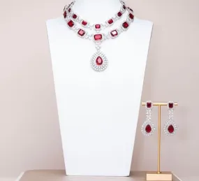 Isaline Ruby Red White Gold Luxury Necklace & Earring Set By Jaipur Rose Luxury Indian Jewelry Onli