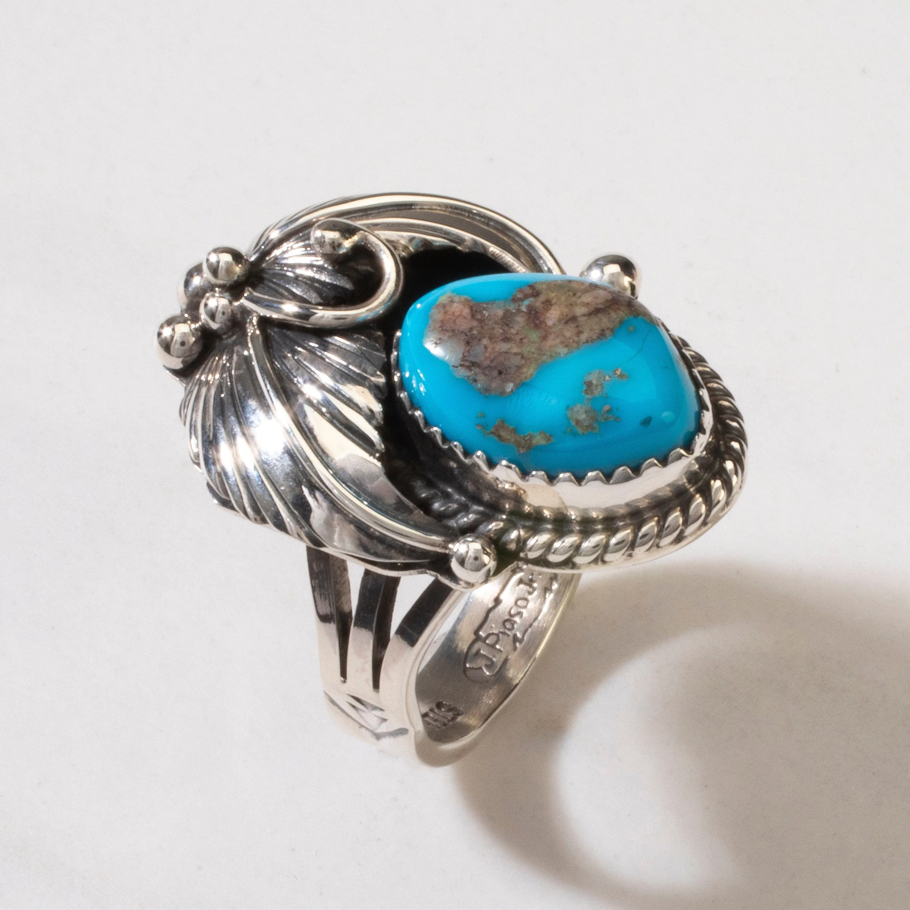 Joe Piaso Jr. Sleeping Beauty Turquoise Feather Navajo USA Native American Made 925 Sterling Silver Ring