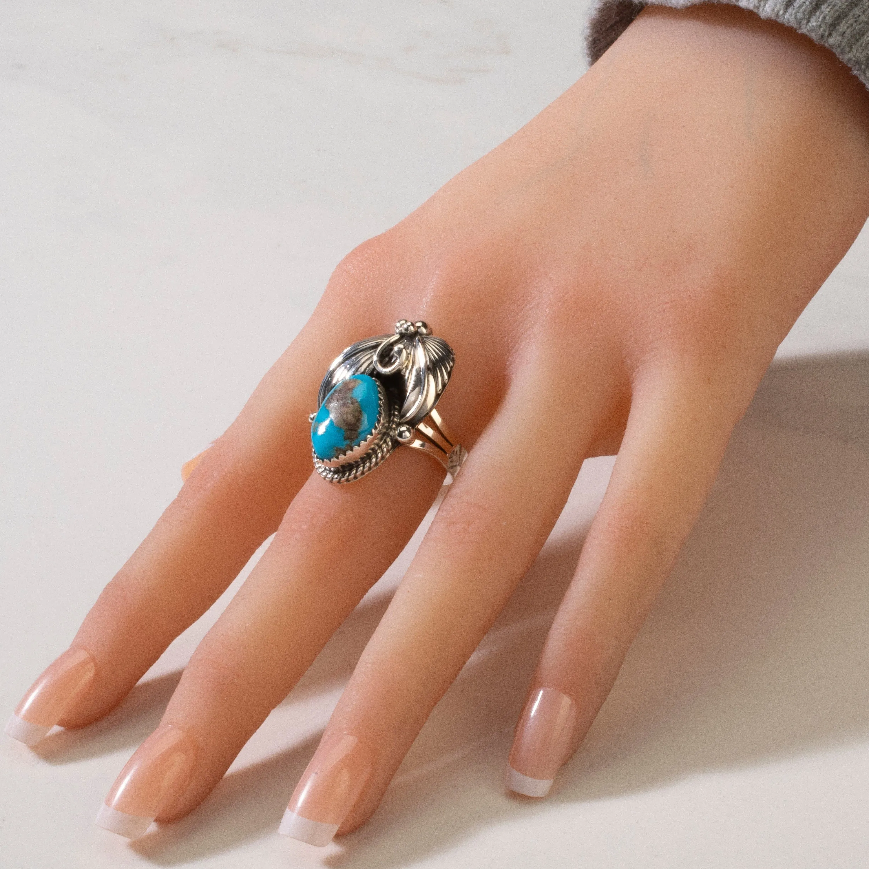 Joe Piaso Jr. Sleeping Beauty Turquoise Feather Navajo USA Native American Made 925 Sterling Silver Ring