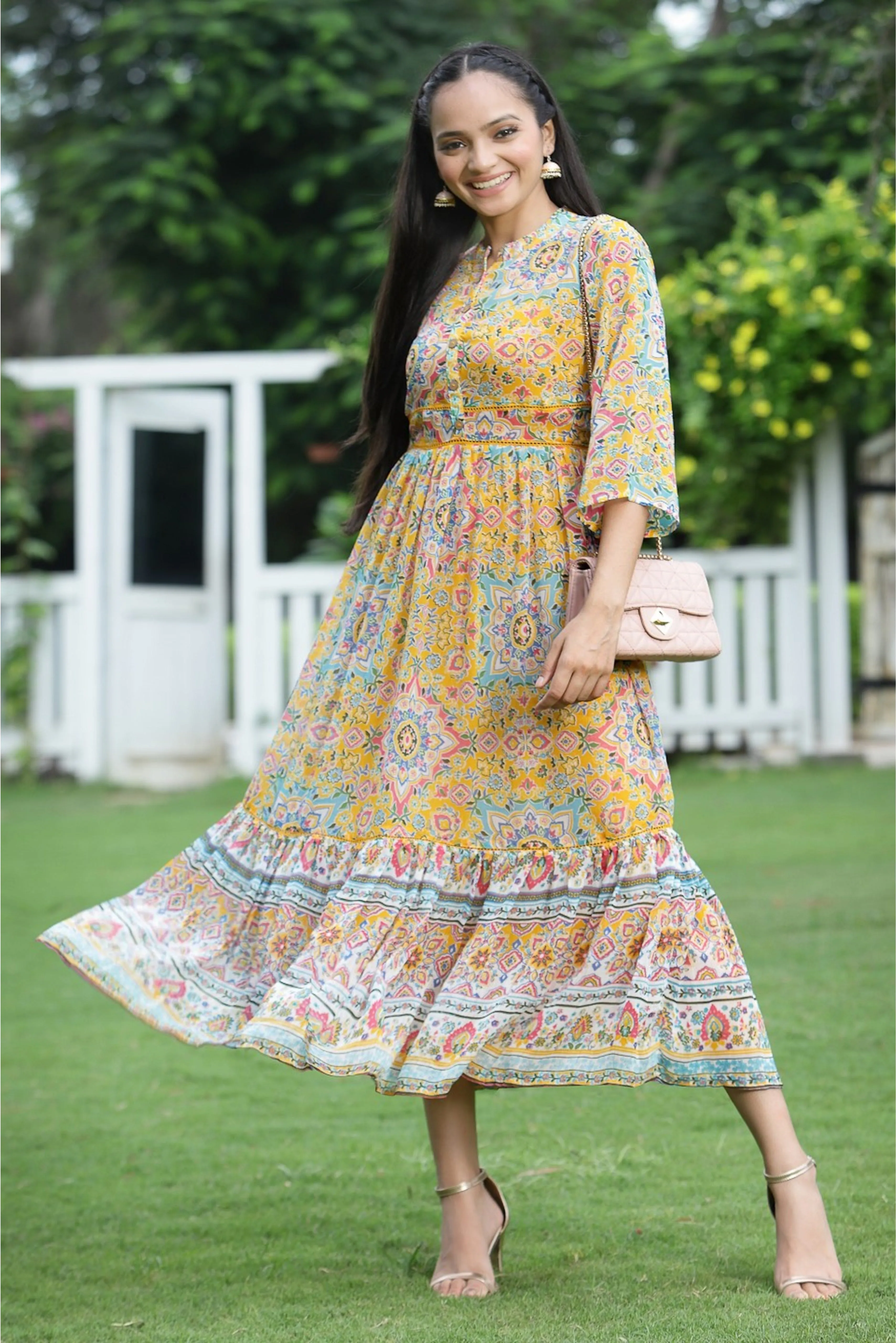 Juniper Mustard Geometric Printed Chiffon Tiered Maxi Dress With Buttons.