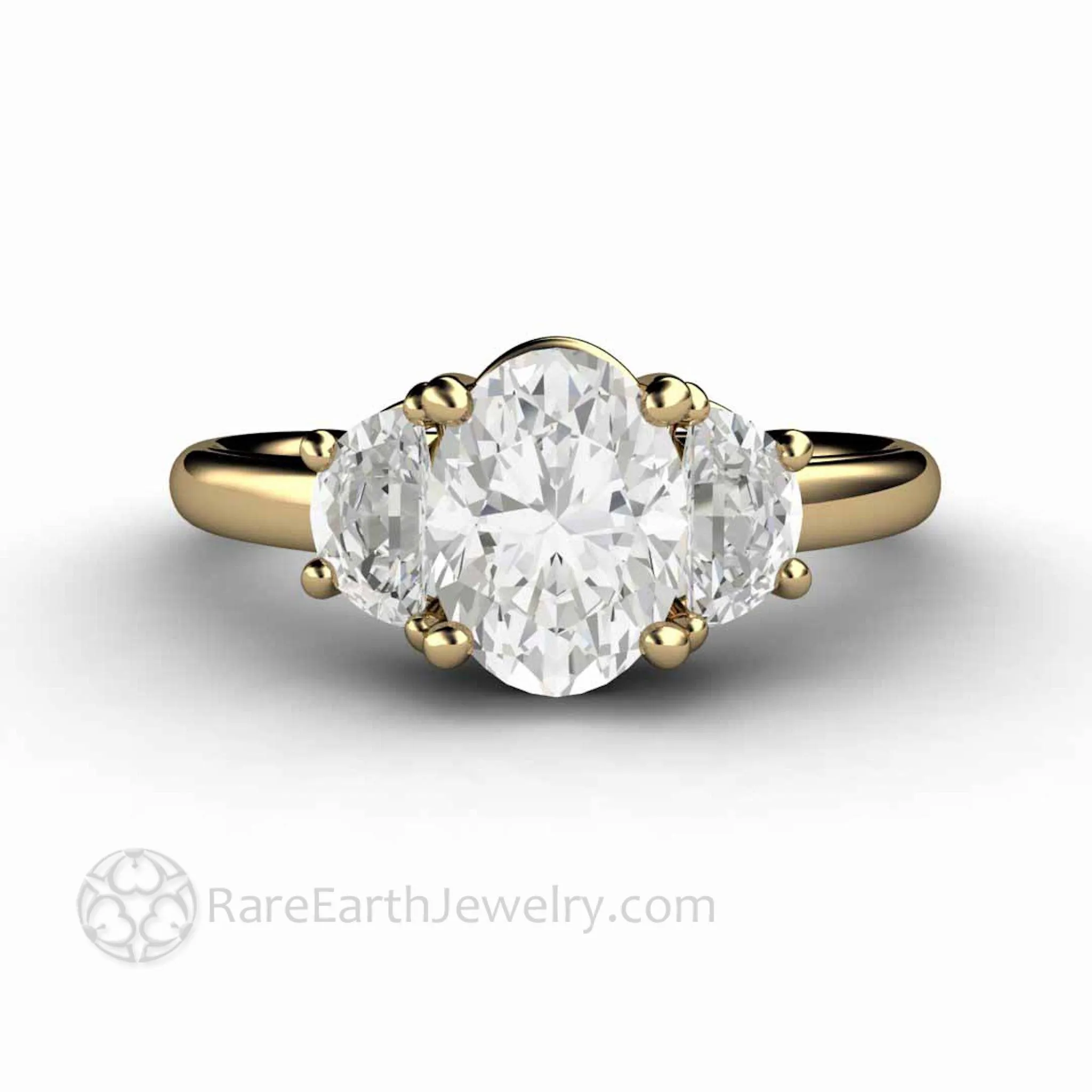 Oval 3 Stone Moissanite Engagement Ring with Half Moons