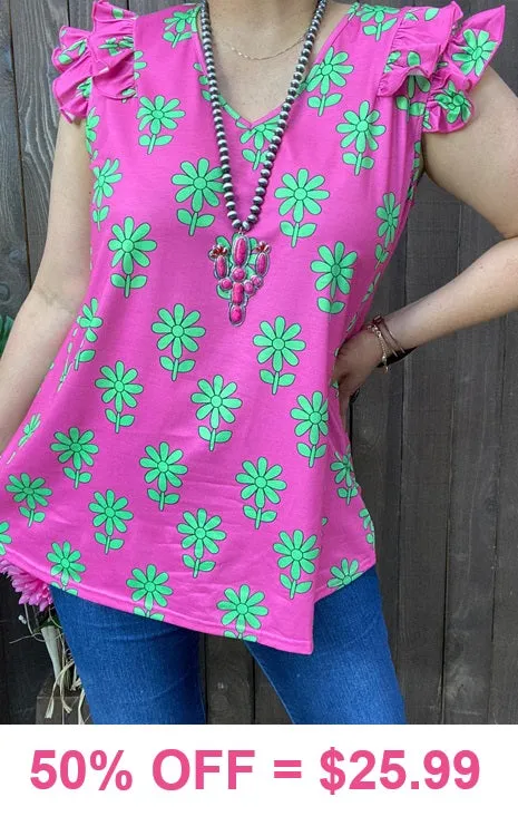 Pink Cap Sleeve Top lime flowers