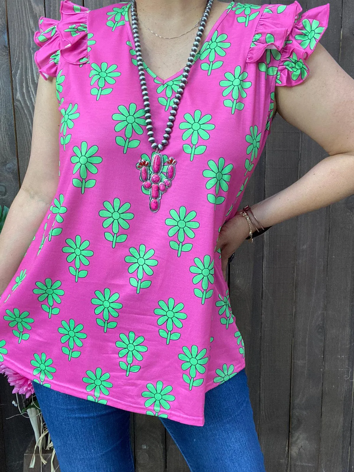 Pink Cap Sleeve Top lime flowers