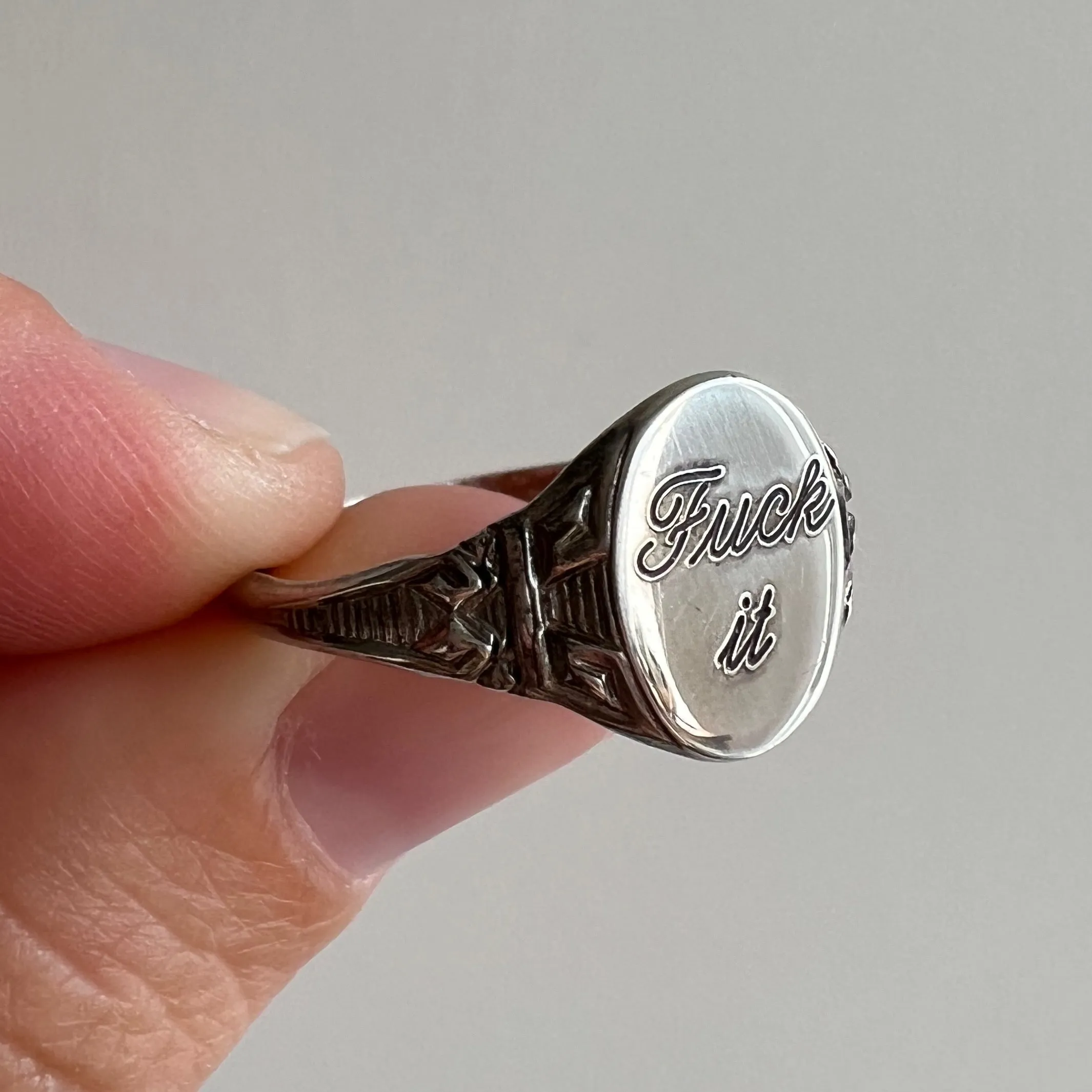 reimagined V I N T A G E // f*ck it / sterling silver signet ring with freshly engraved sentiment / size 8