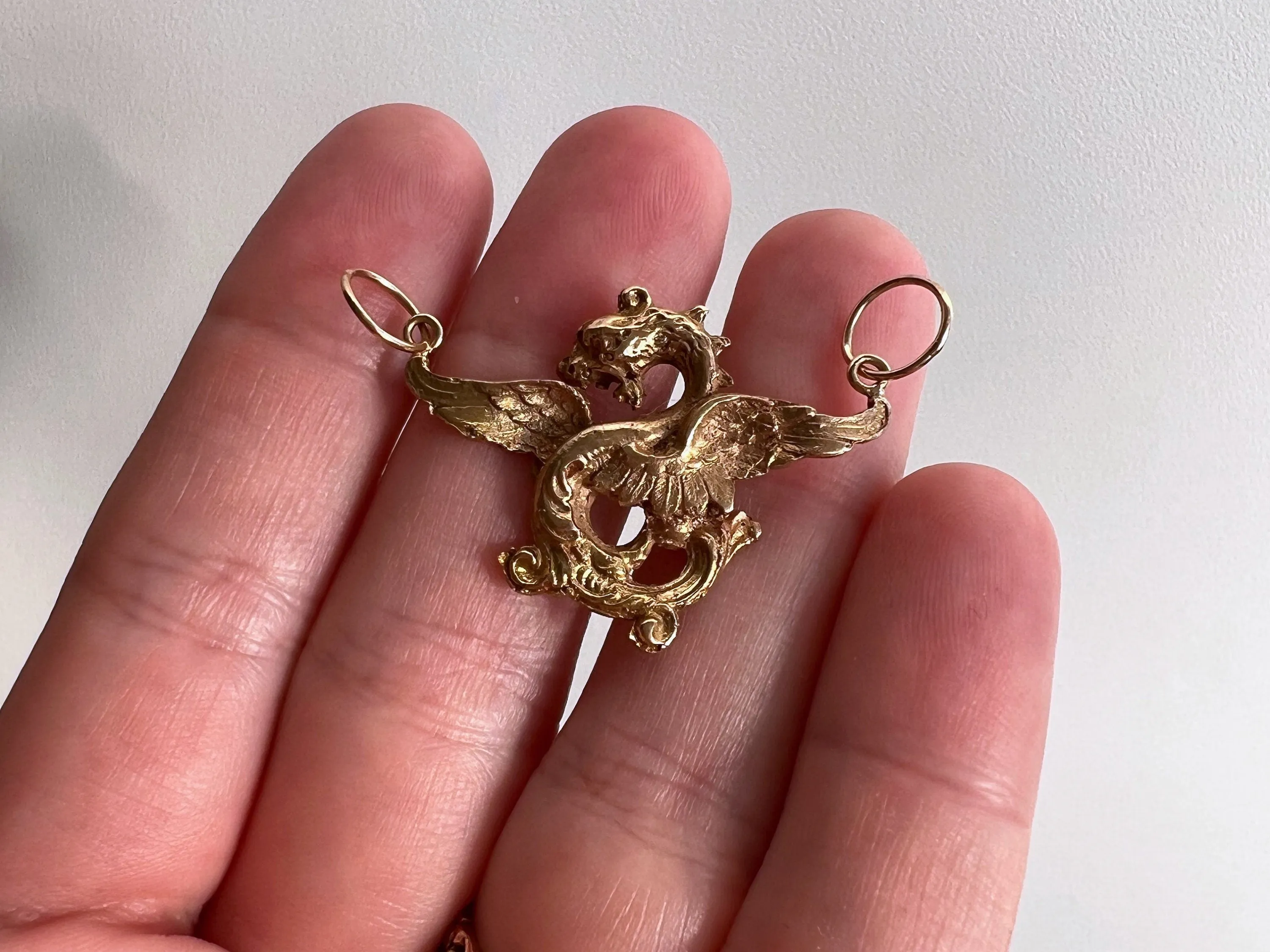 reimagined V I N T A G E // fiercest flight / l14k solid yellow gold / pin conversion pendant / dragon griffin gargoyle phoenix