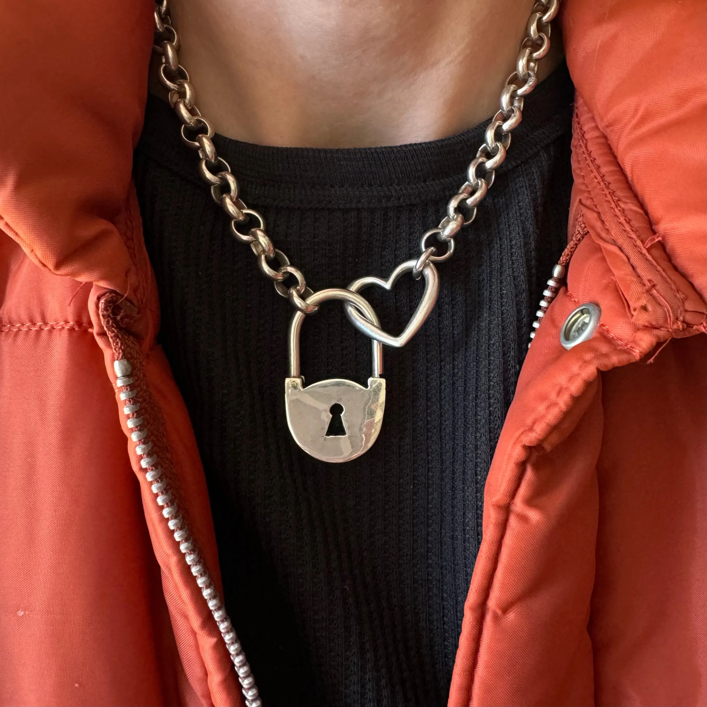 reimagined V I N T A G E // lock without a key / sterling silver chunky rolo chain with padlock clasp / 15.5 to 15.75 over 79g