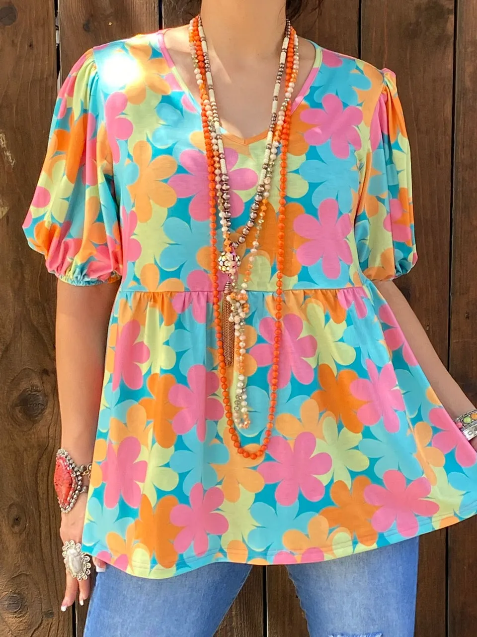 S-M : Colorful Daisy Baby Doll top