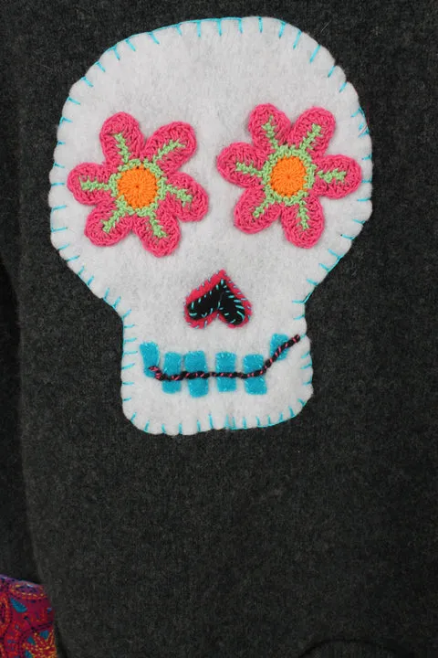 SunHeart American Eagle Outfitters Lambswool Felted Sweater Dia De Los Muertos Embroidered Flowers Sugar Skull Silk Upcycled Sml-Large